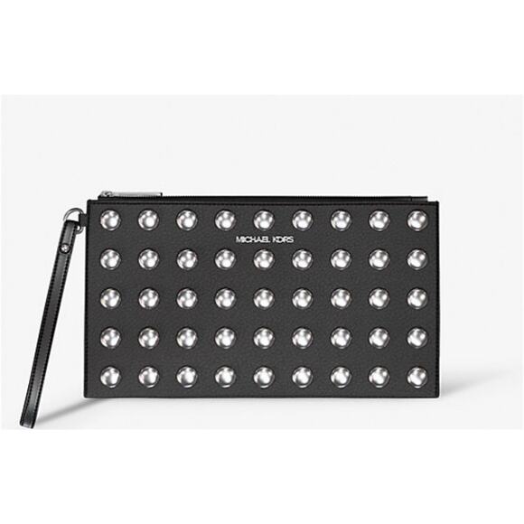 Michael Kors Jet Set Large Studded Pebbled Leather Wristlet Wallet Black - Picture 1 of 10